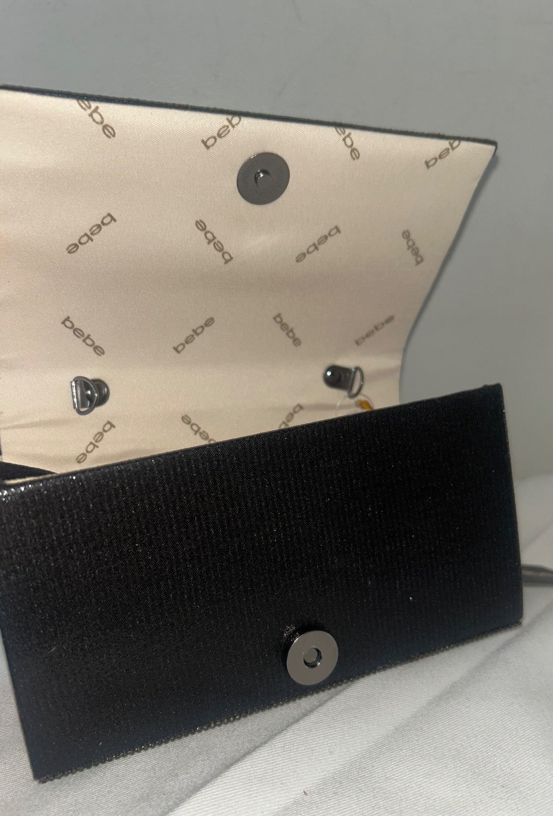NEW! NWT BEBE Logo Rhinestone Crystal Paris Mini Top Handle Satchel Bag Black