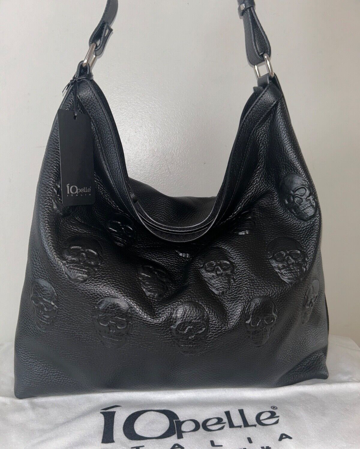 NEW! NWT IO PELLE Italy 3D Skull Leather Large Hobo Shoulder Bag Black