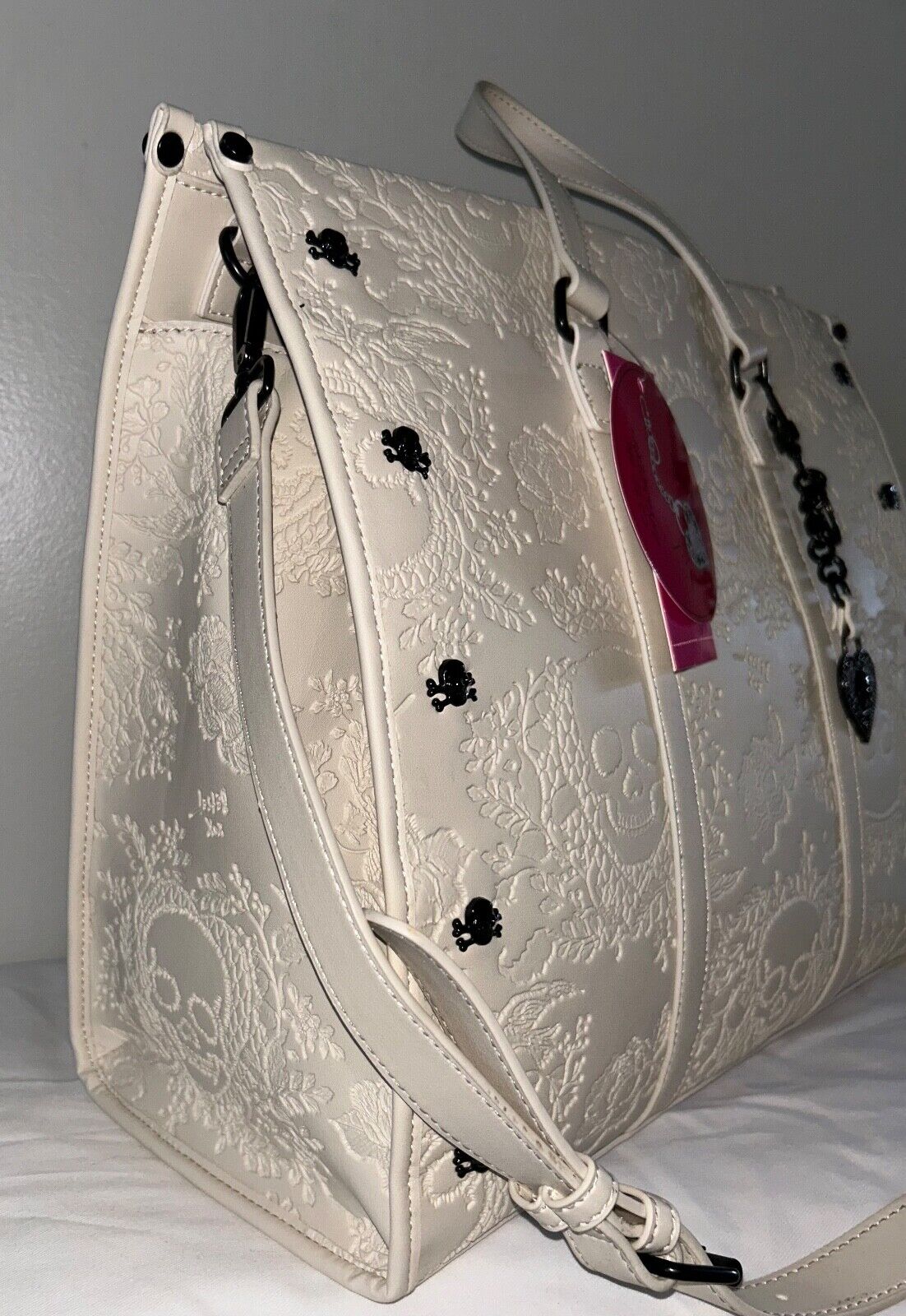 NEW! NWT BETSEY JOHNSON Large Skull Embossed XOMattie Tote Bag Chalk White