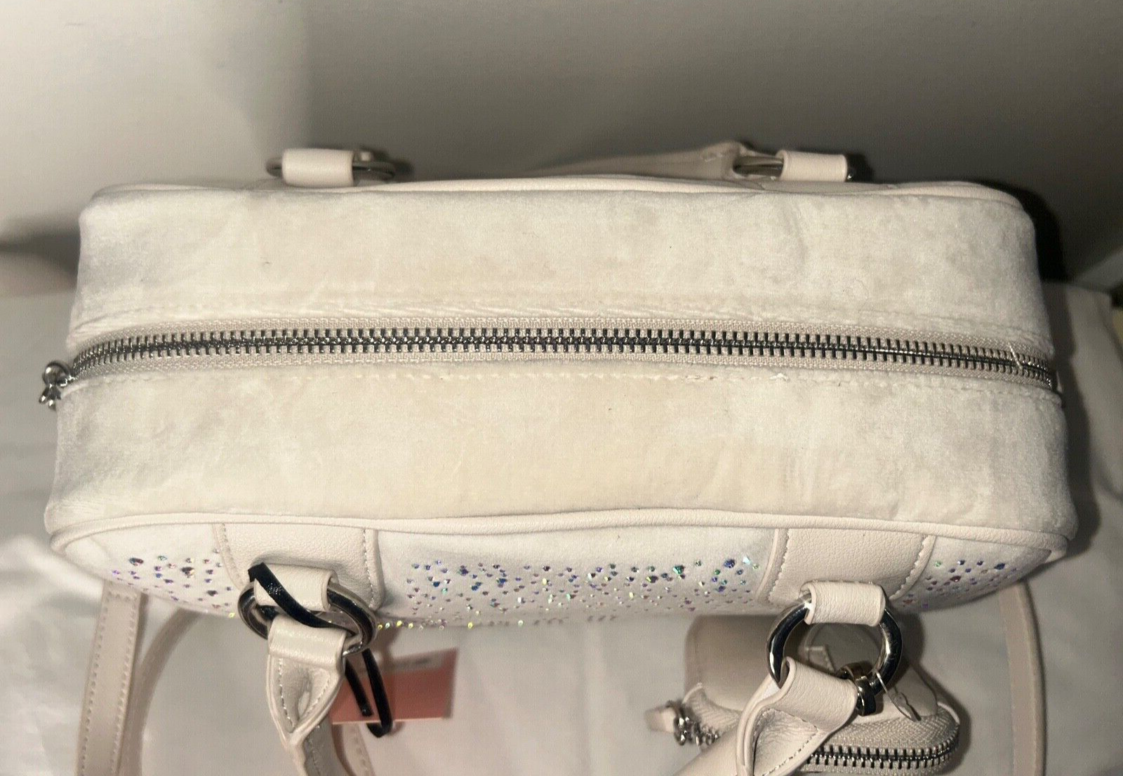 NEW! NWT JUICY COUTURE Let It Shine Bowler Velour Crossbody Bag Crystal Ivory