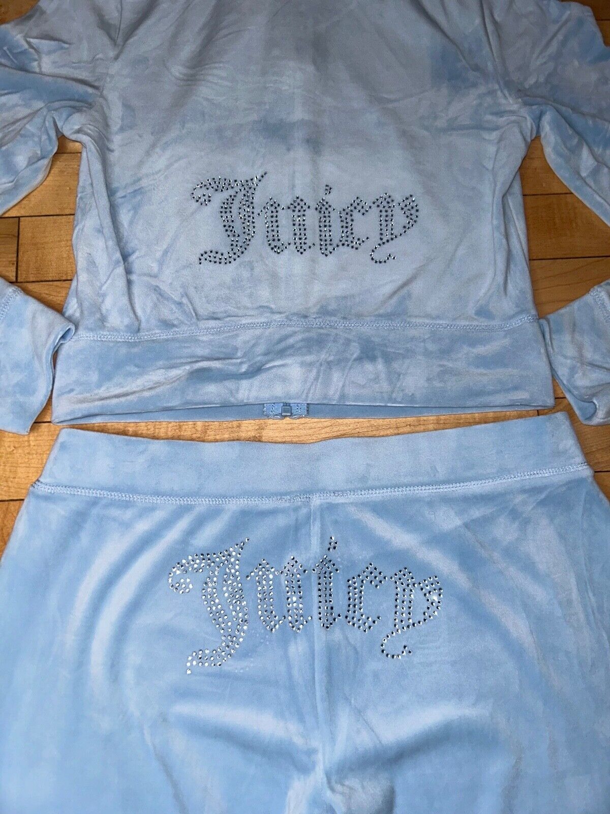 NEW! JUICY COUTURE Velour OG Bling Tracksuit Hoodie & Pant Set Light Blue Size M