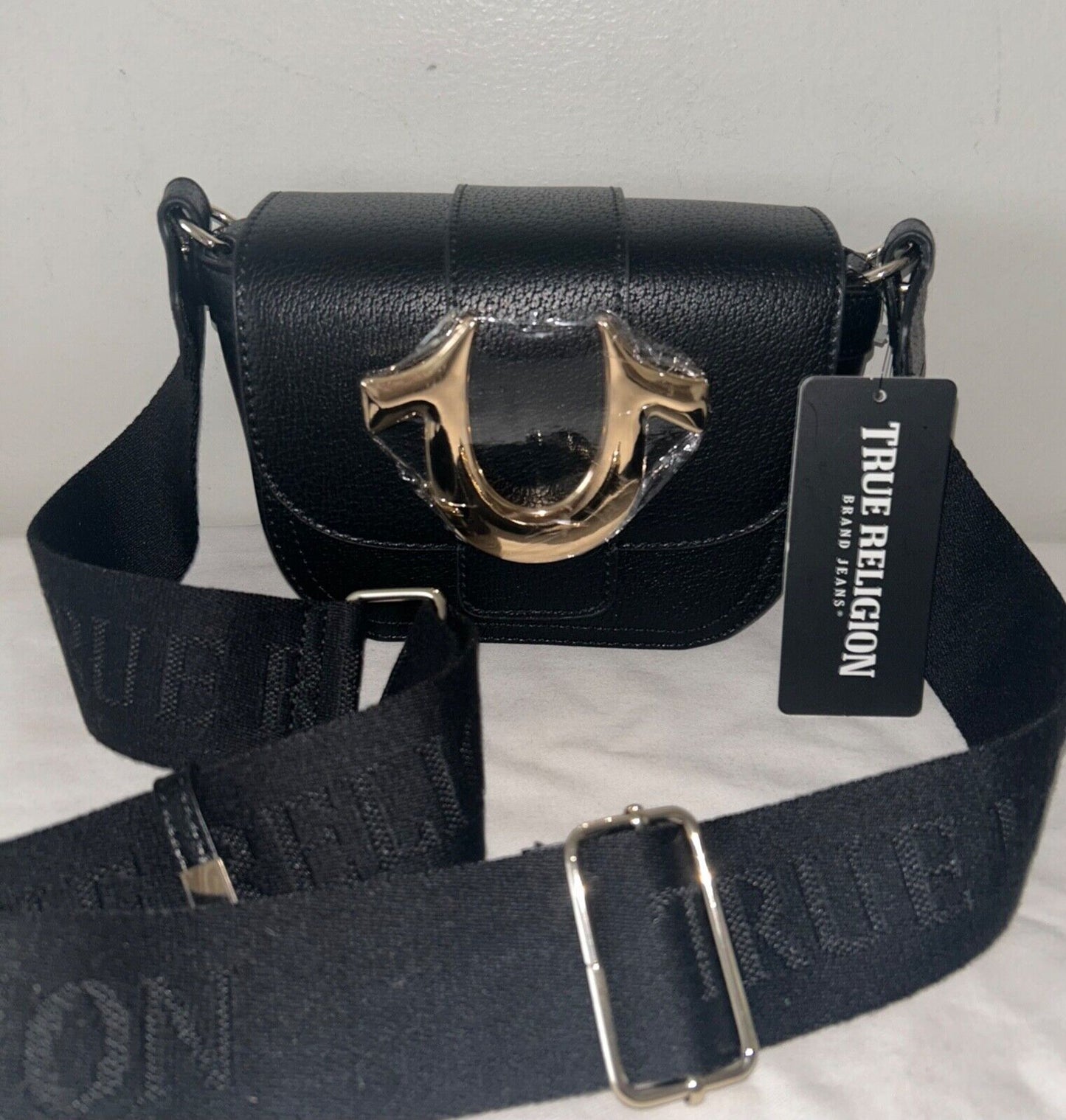 NEW! NWT TRUE RELIGION Mini Flap Logo Crossbody Bag Black