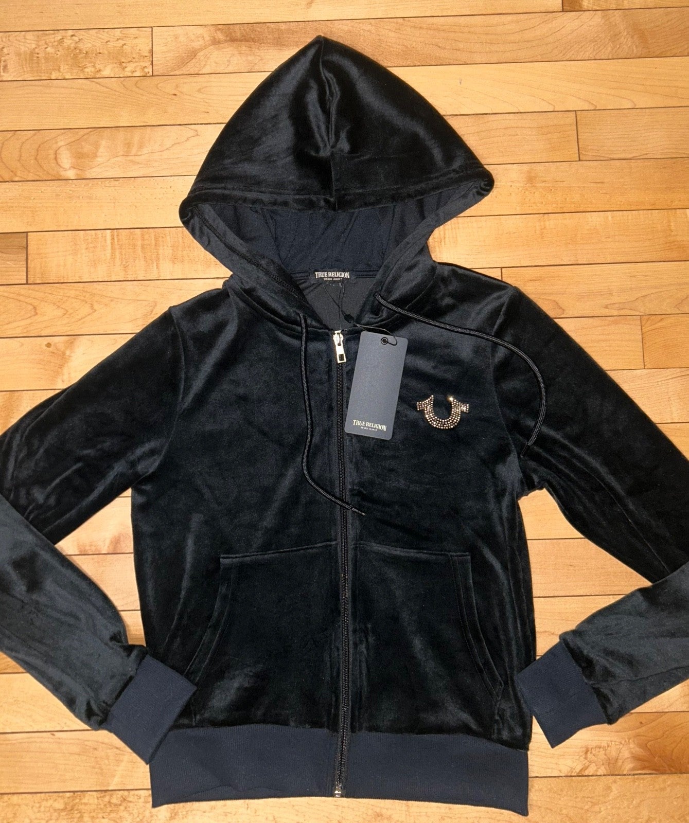 NEW! NWT TRUE RELIGION Velour Angel Wings Zip Up Hoodie Black Size XS