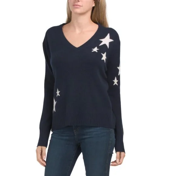 $525 NEW ! NWT 360CASHMERE Jayla Star Print 100% Cashmere Sweater Navy Size L