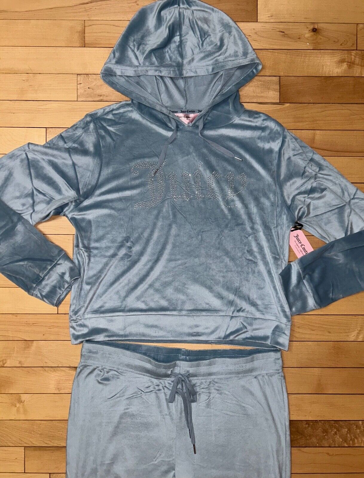 NEW! NWT JUICY COUTURE Velour OG Big Bling Hoodie & Pant Set Montana Blue Size L