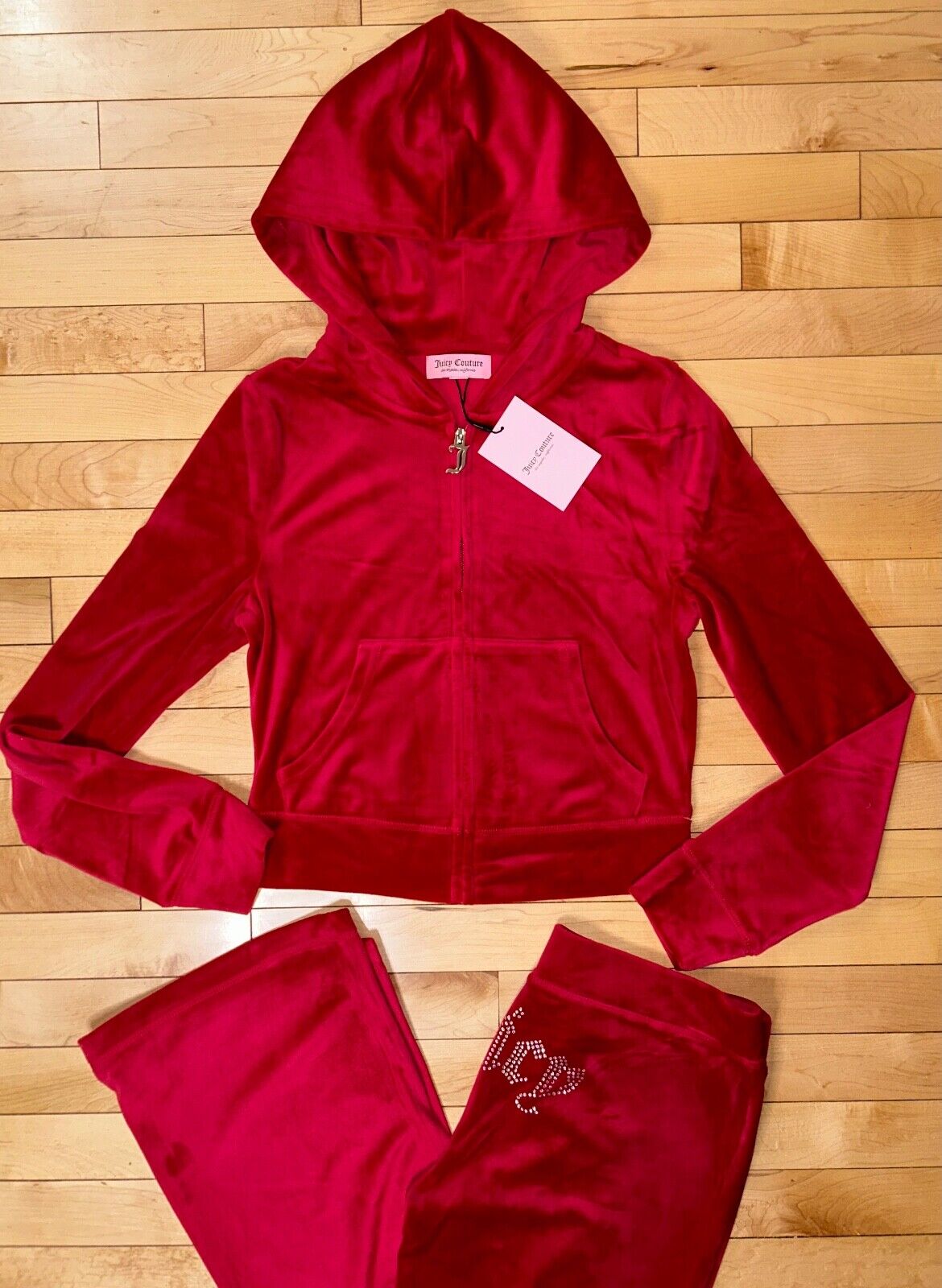 NEW! JUICY COUTURE Velour OG Bling Tracksuit Hoodie & Pant Set Coco Red Size S