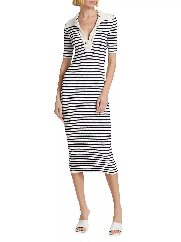 $695 NEW! NWT CAROLINE CONSTAS Knit Stretch Midi Dress Striped White/Navy XS