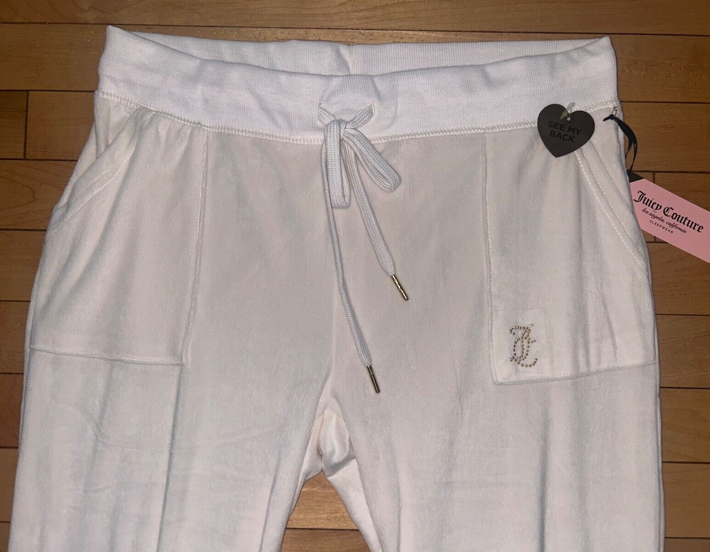 NEW ! NWT JUICY COUTURE Velour OG Big Bling Sweatpants Pastel Parchment Ivory L