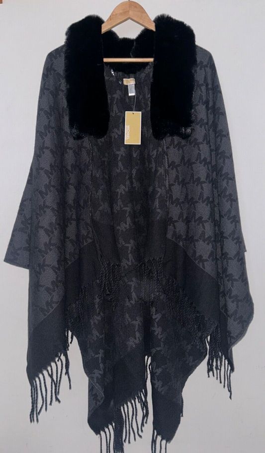 NEW! NWT MICHAEL KORS Faux-Fur-Trim Jacquard Fringe Shawl Wrap in Black O/S