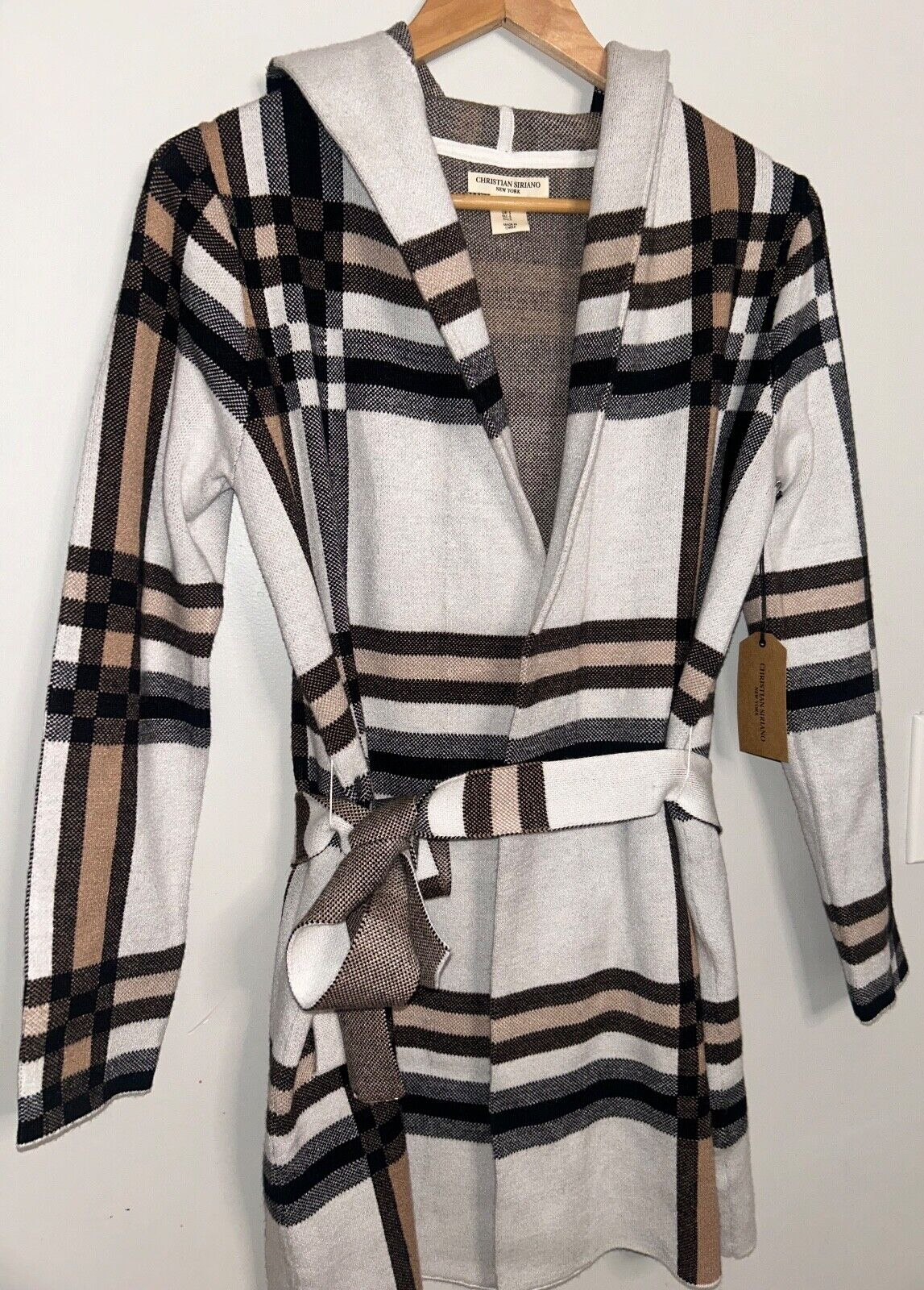 NEW! NWT CHRISTIAN SIRIANO Hooded Plaid Cardigan Sweater White/Tan Multi Size S