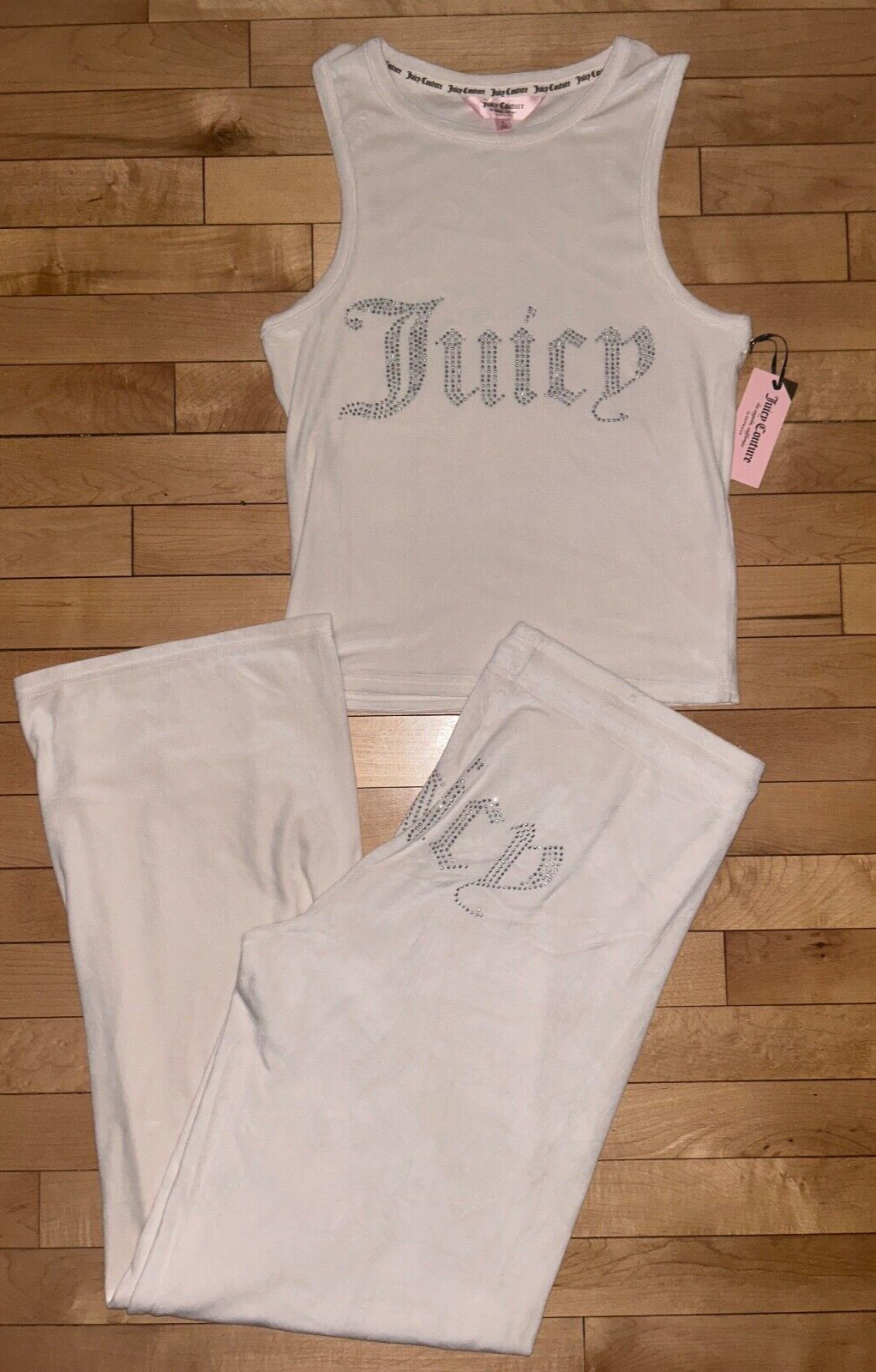 NEW! NWT JUICY COUTURE Velour Bling Logo Lounge Set in Pastel Parchment Size L