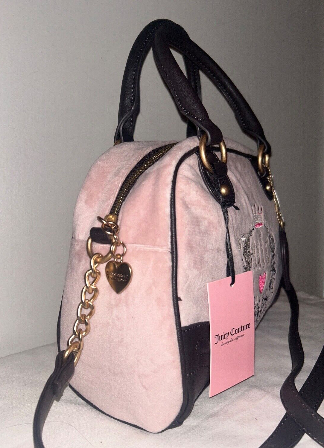 NEW! NWT JUICY COUTURE Urban Heritage Bowler Velour Crossbody Bag Dusty Pink