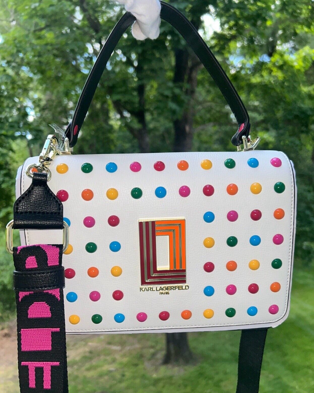 NEW! NWT KARL LAGERFELD Simone Rainbow Studded Crossbody Bag White/Pink Multi