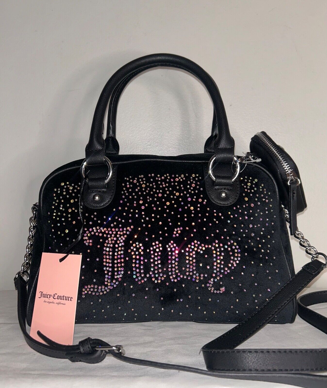 NEW! NWT JUICY COUTURE Let It Shine Bowler Velour Crossbody Bag Black Liquorice