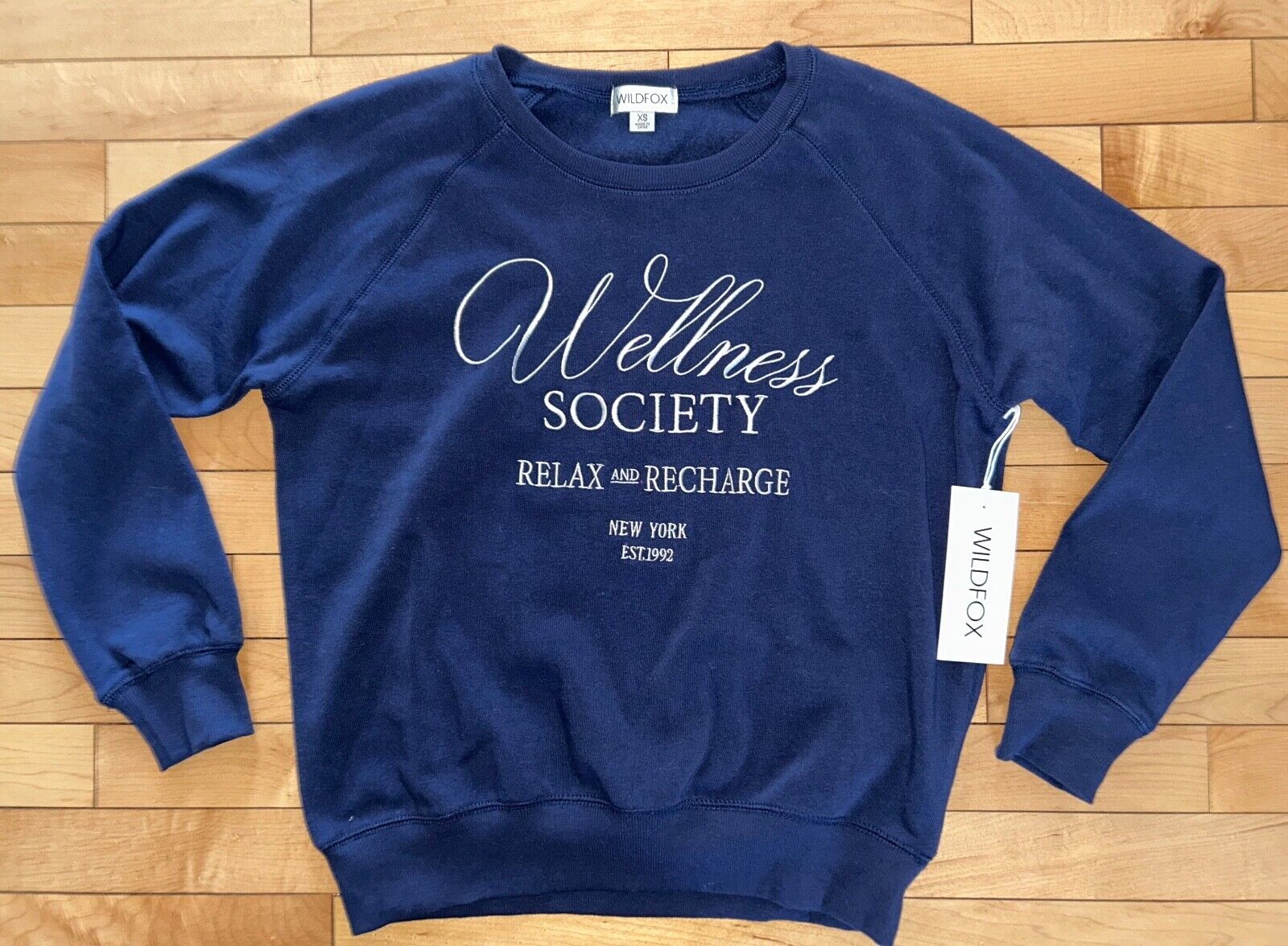 NEW! NWT WILDFOX Wellness Society Keely Raglan Sweatshirt Medieval Blue Size XS
