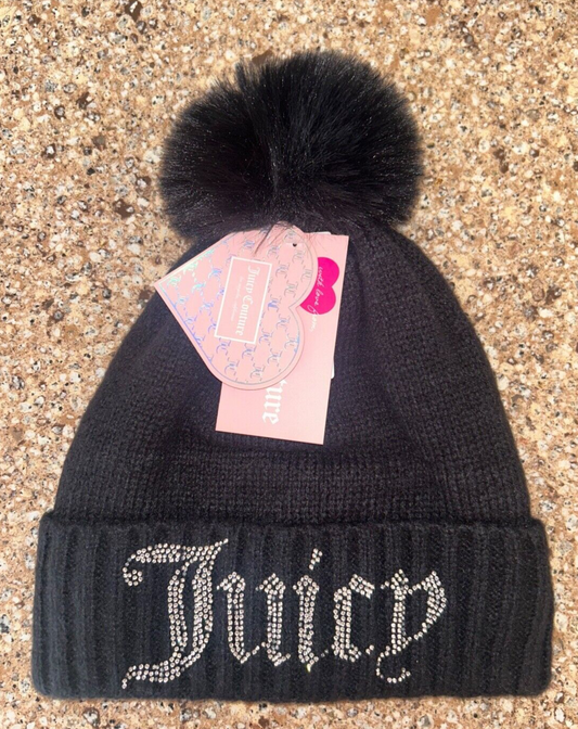 NEW ! NWT JUICY COUTURE Bling Logo Pom Beanie Hat Black