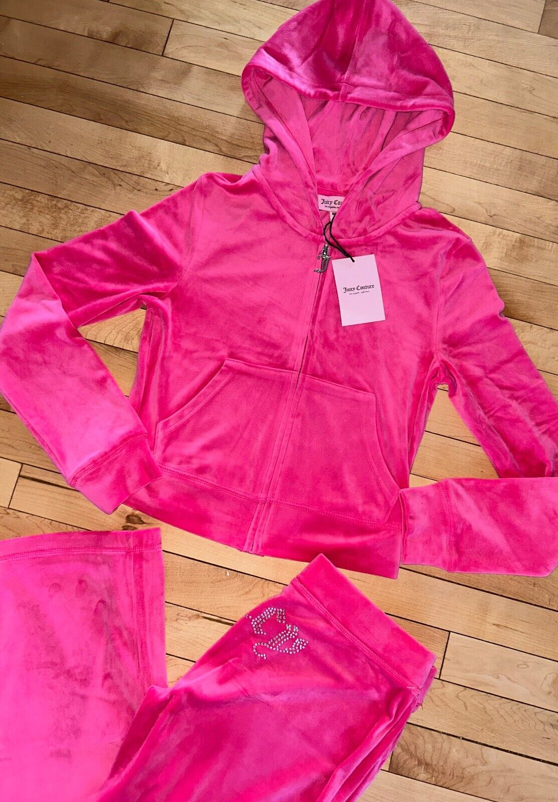 $199 NEW! NWT JUICY COUTURE Velour OG Bling Tracksuit Hoodie & Pant Set Pink XS