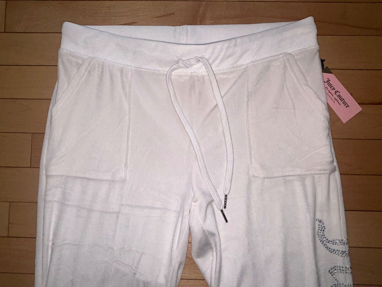 NEW! JUICY COUTURE Velour Bling Logo Sweatpants Pastel Parchment Ivory Size L