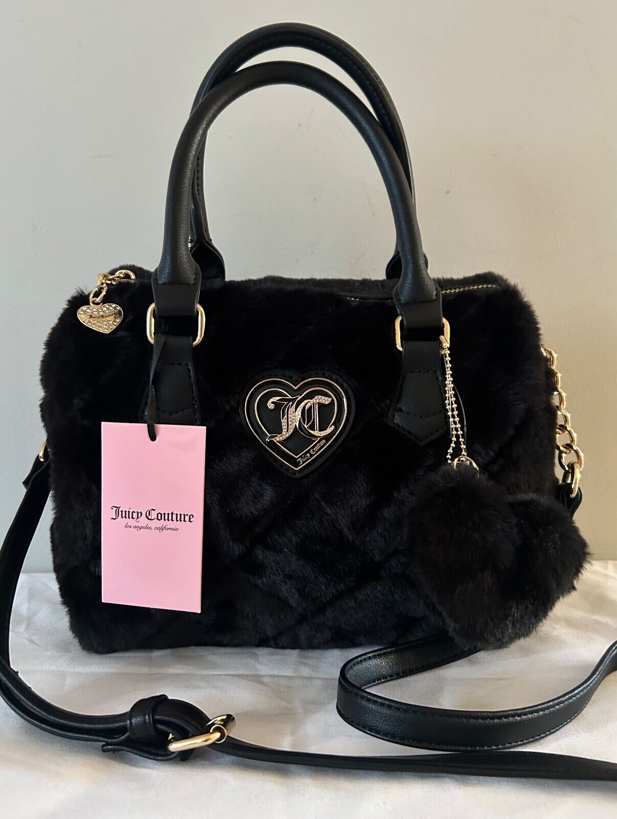 NEW! NWT JUICY COUTURE Lets Get Cozy Faux Fur Satchel Bag Black Liquorice