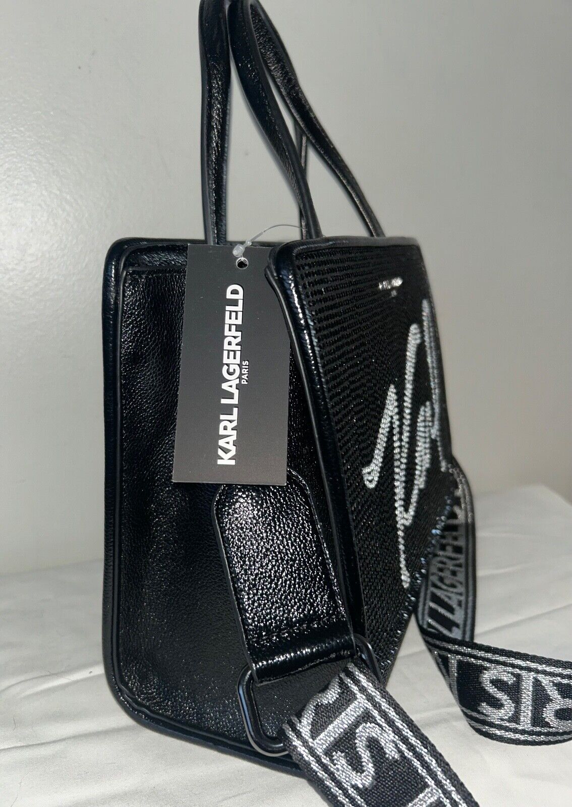 NEW! NWT KARL LAGERFELD Paris Maybelle Crystal Satchel Bag Black Metallic