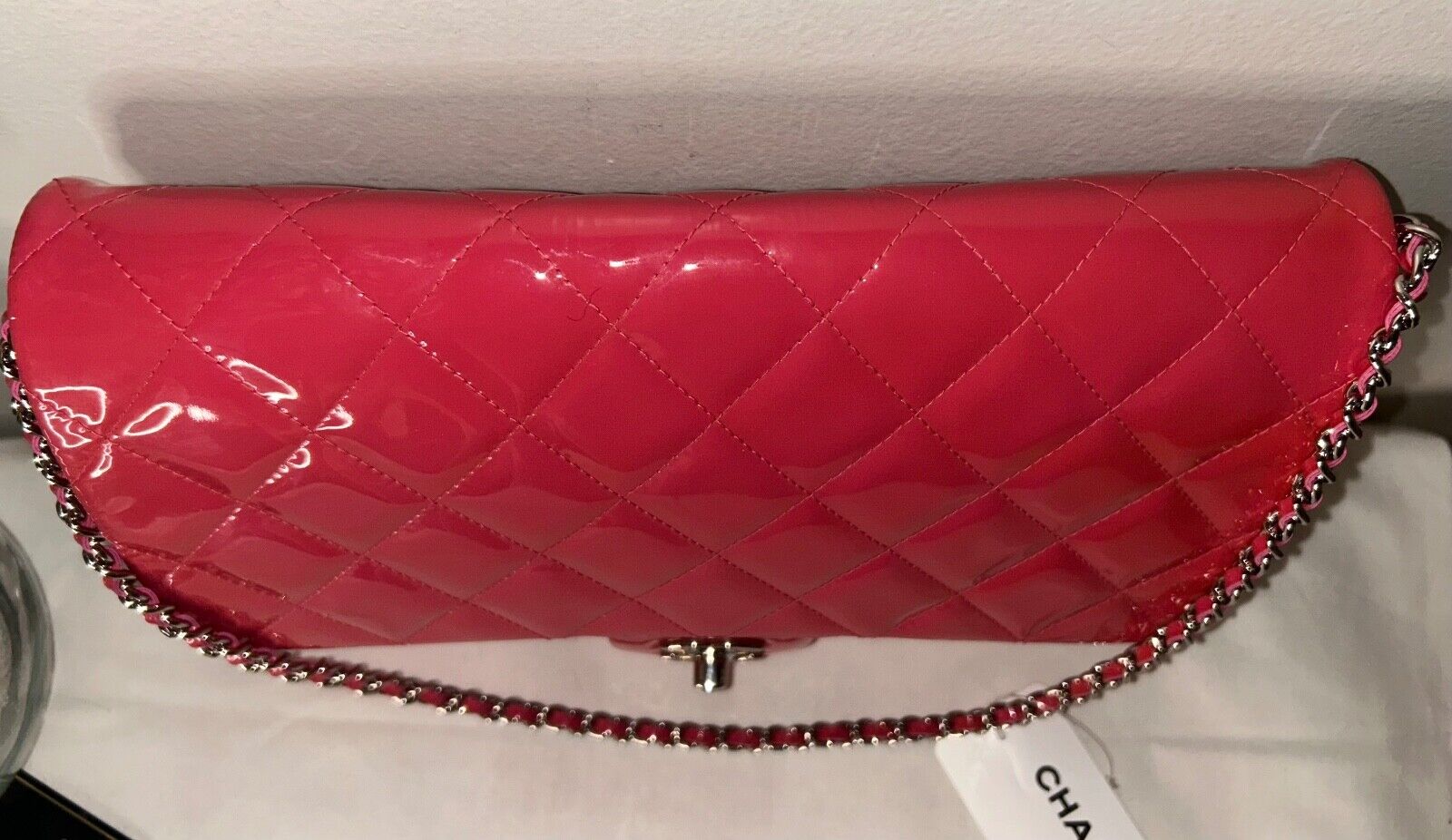 CHANEL Classic CC Quilted Flap Shoulder Bag Patent Leather Fuchsia Pink