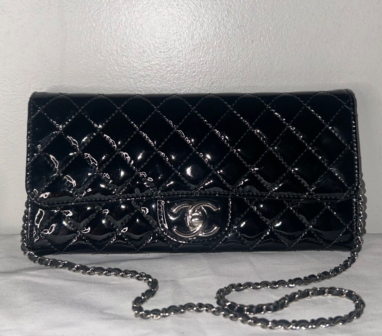 CHANEL Classic Quilted Patent Leather East West WOC Shoulder Bag Black