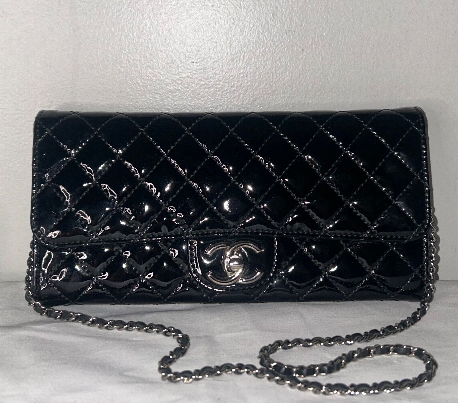 CHANEL Classic Quilted Patent Leather East West WOC Shoulder Bag Black