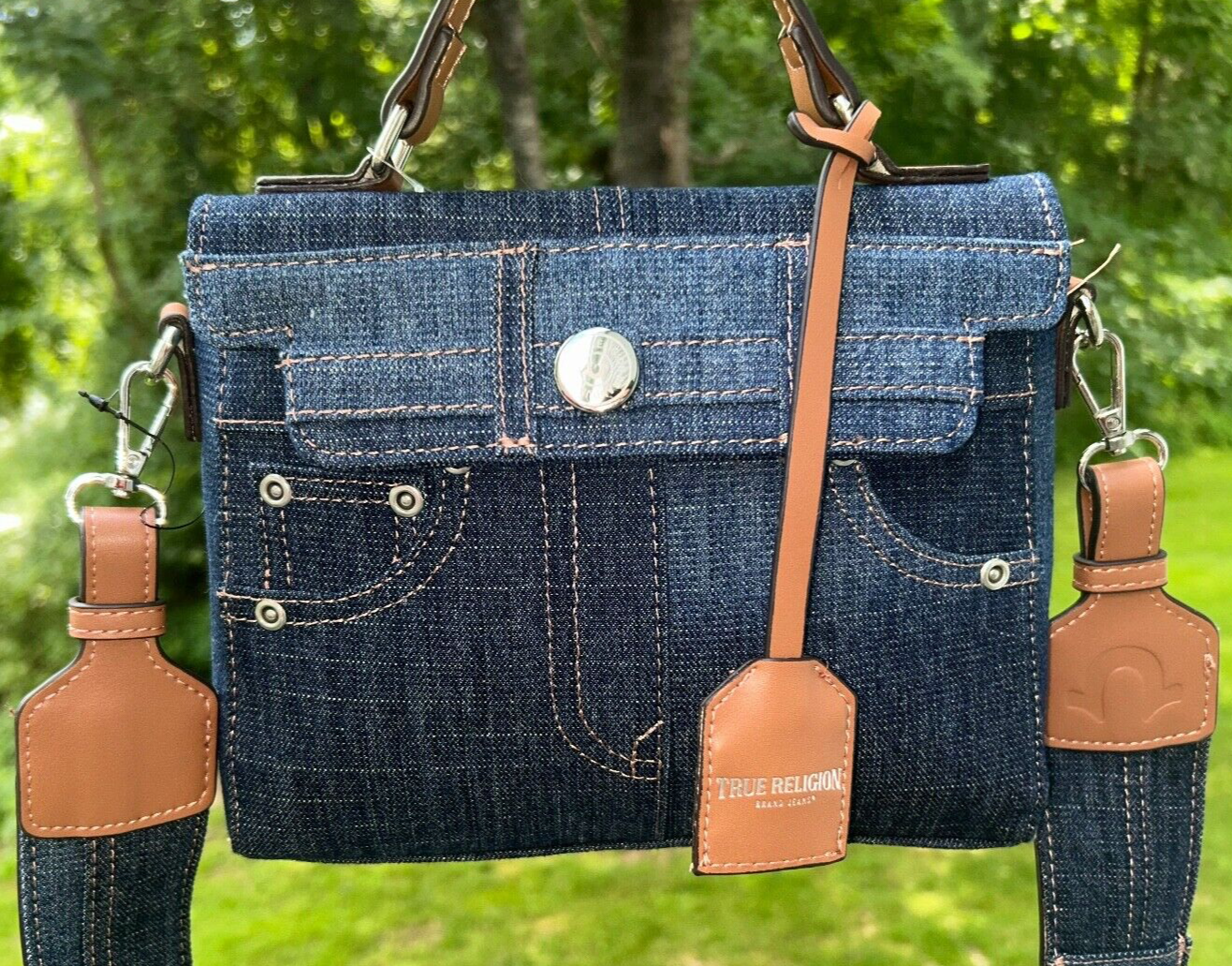 NEW ! NWT TRUE RELIGION Denim Jean Pocket Horseshoe Logo Crossbody Bag