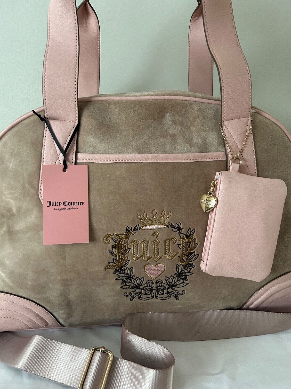 NEW! NWT JUICY COUTURE Heritage Velour Weekender Bag in Cafe/Pink