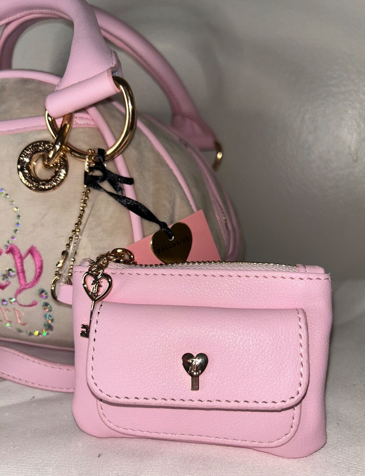 NEW! NWT JUICY COUTURE Velour Dreamy Juicy Satchel Bag in Sandstone/Light Pink