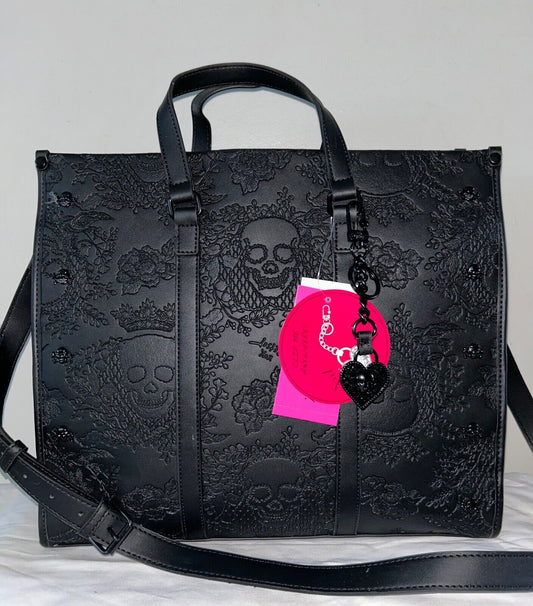 NEW! NWT BETSEY JOHNSON Large Skull Embossed XOMattie Tote Bag Black