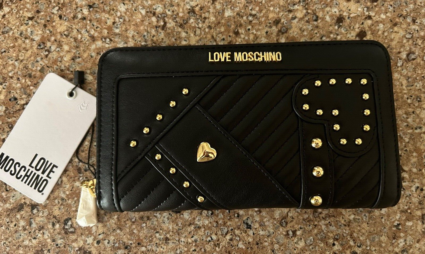 NEW ! NWT LOVE MOSCHINO Studded Zip Around Logo Wallet Black/Gold