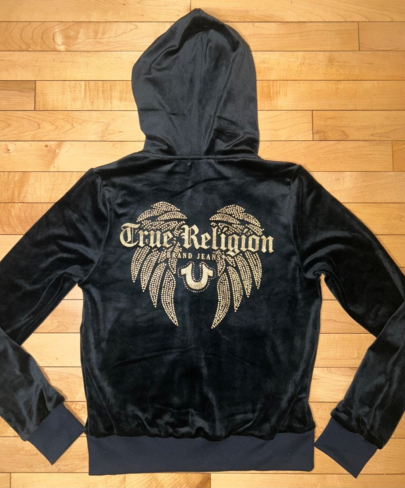 NEW! NWT TRUE RELIGION Velour Angel Wings Zip Up Hoodie Black Size XS