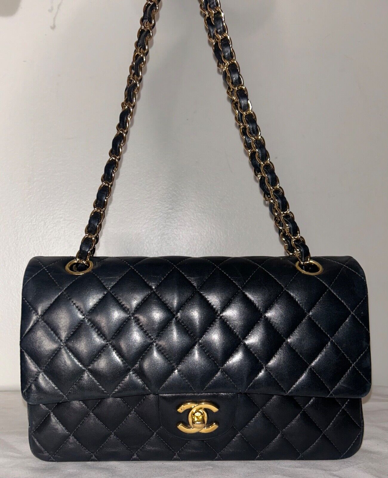 CHANEL Classic Medium Double Flap Lambskin Quilted Handbag Black/Gold