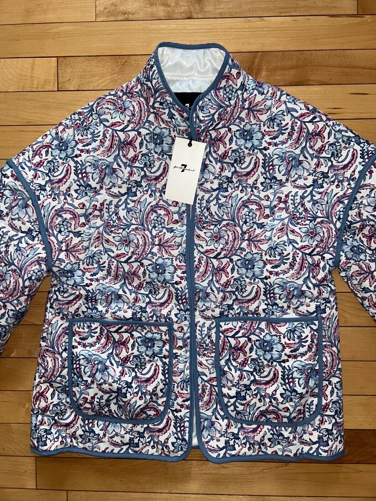NEW! NWT 7 FOR ALL MANKIND Quilted Floral Jacket Light Blue/White Size S