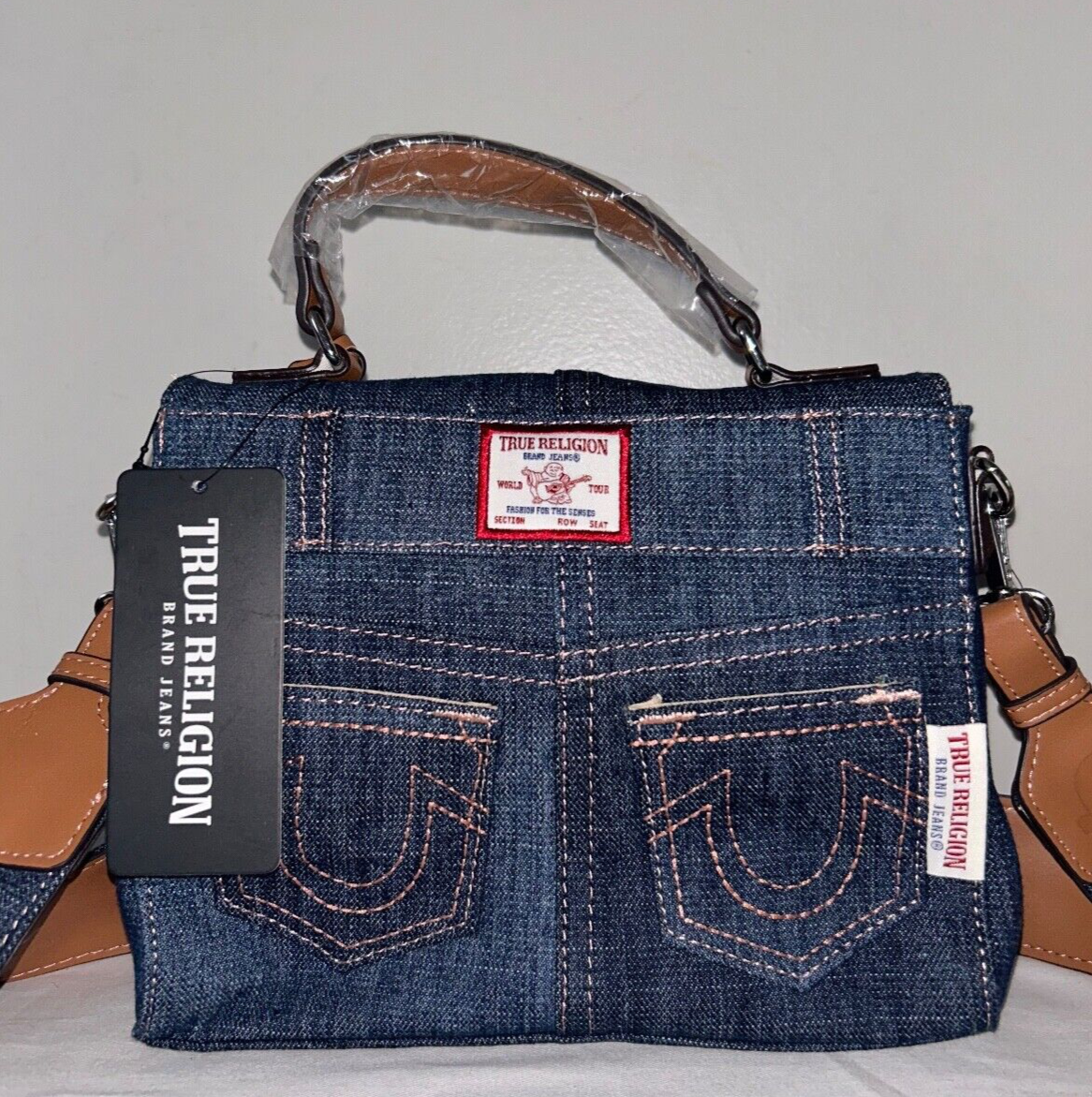 NEW ! NWT TRUE RELIGION Denim Jean Pocket Horseshoe Logo Crossbody Bag