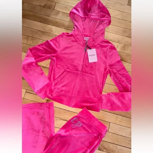 $199 NEW! NWT JUICY COUTURE Velour OG Bling Tracksuit Set in Pink Party Size L