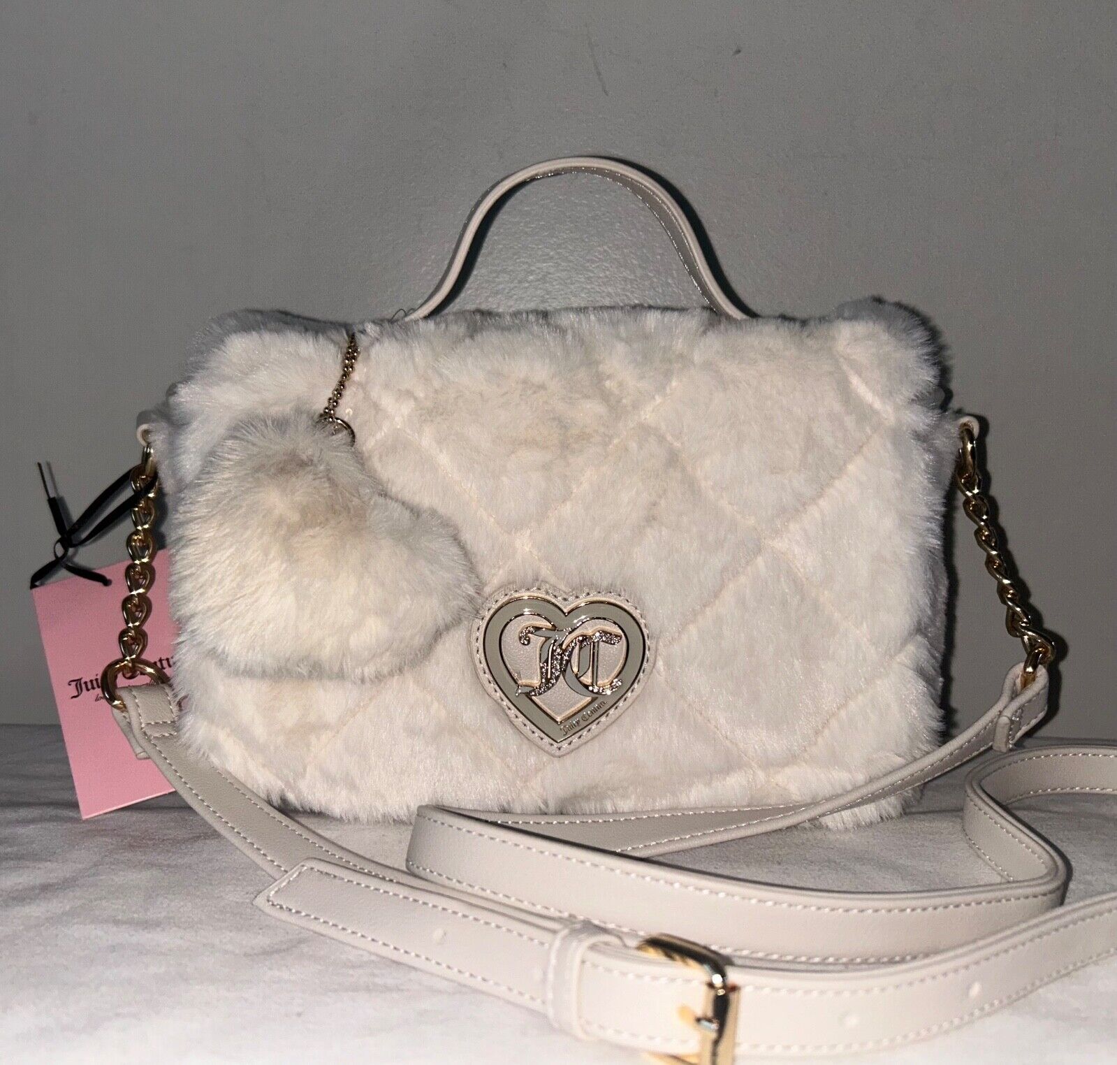 NEW! NWT JUICY COUTURE Lets Get Cozy Faux Fur Crossbody Angel White