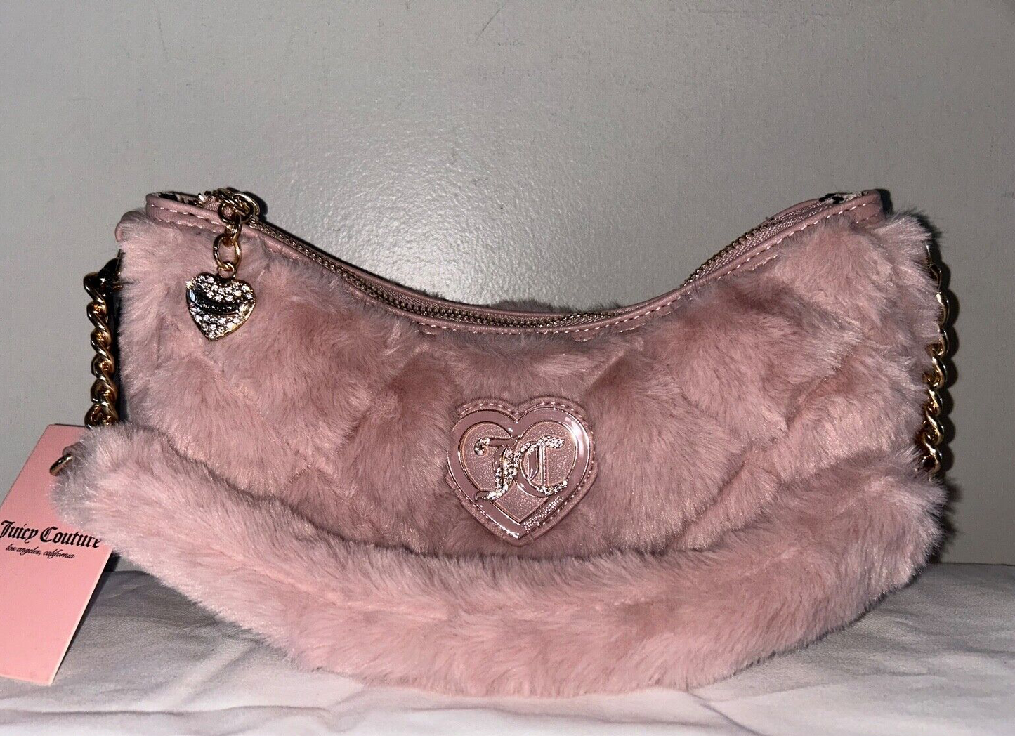 NEW! NWT JUICY COUTURE Lets Get Cozy Faux Fur Shoulder Bag Dusty Blush Pink