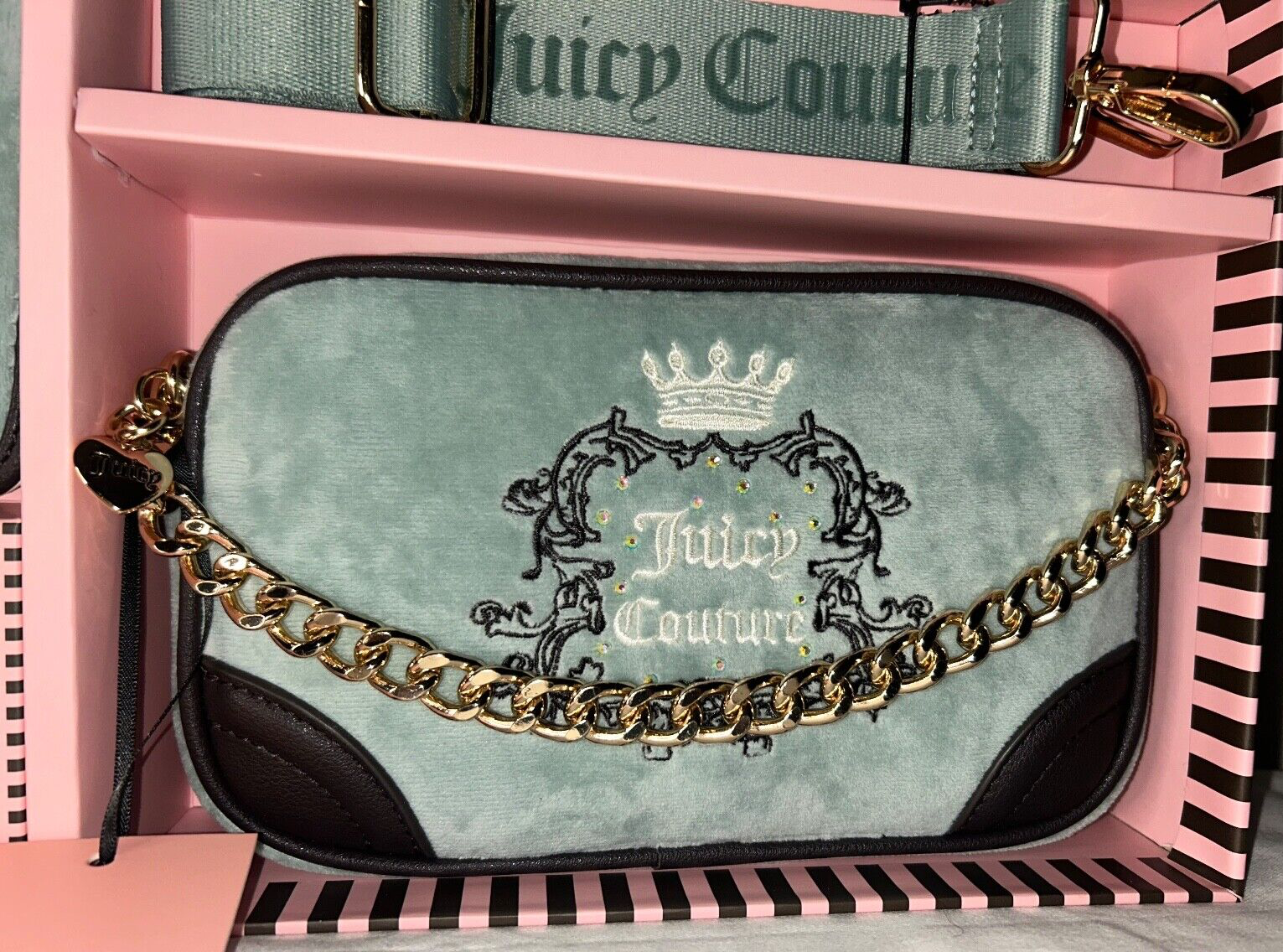 NEW! NWT JUICY COUTURE Heritage Velour Crossbody Bag 3 Piece Set Cool Blue
