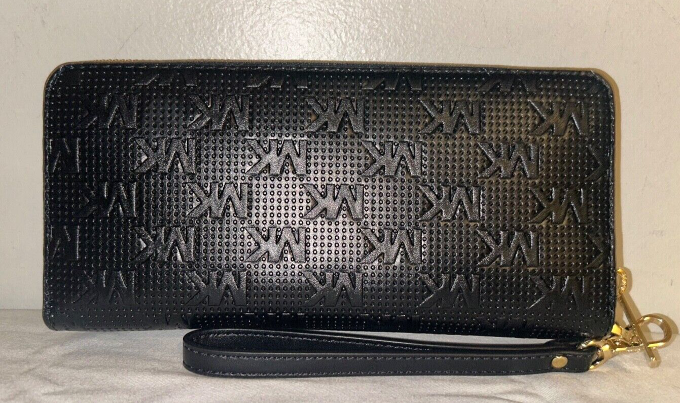 $258 NEW! NWT MICHAEL KORS MK Logo Jet Set Continental Wristlet Wallet Black