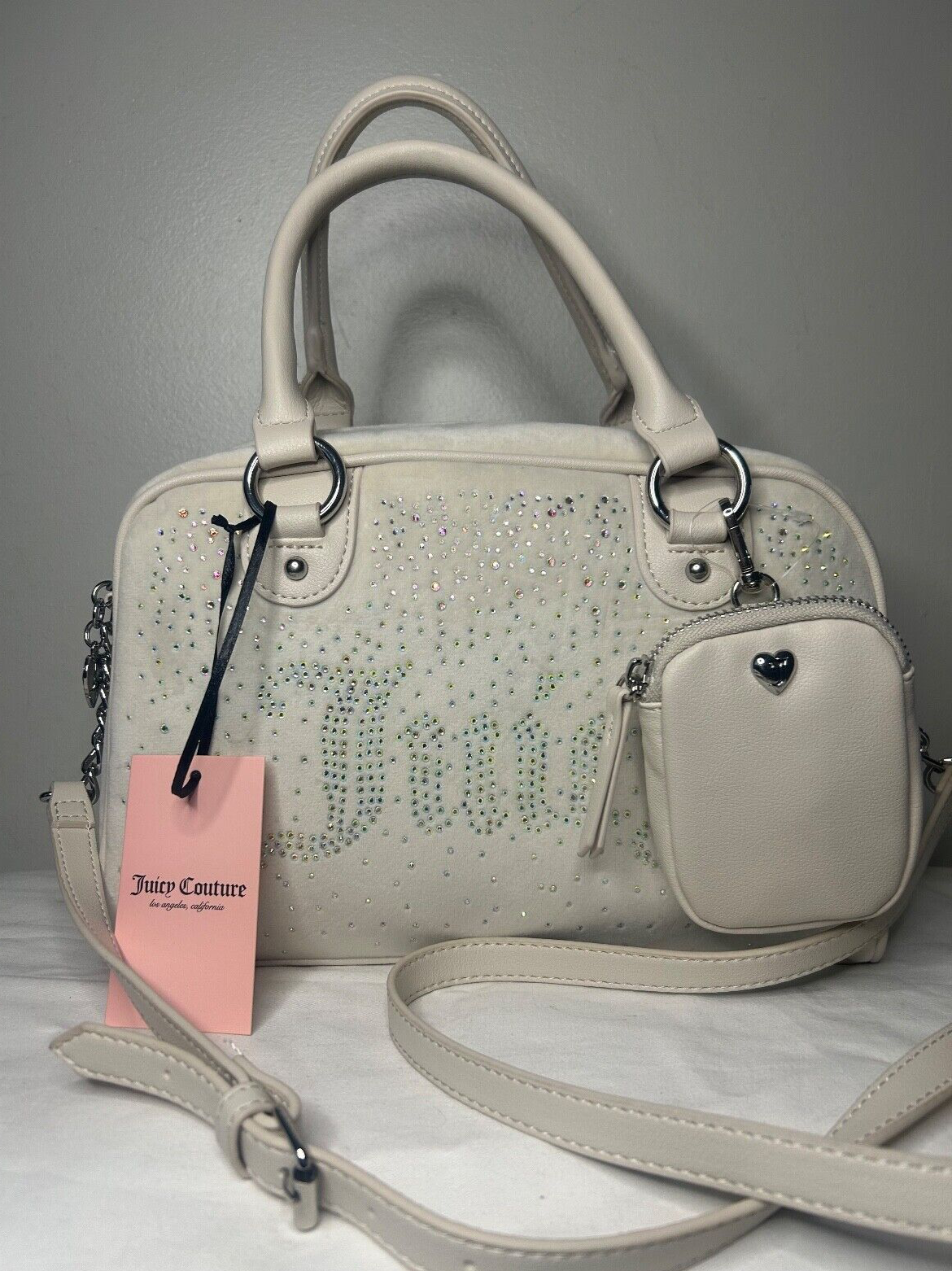 NEW! NWT JUICY COUTURE Let It Shine Bowler Velour Crossbody Bag Crystal Ivory