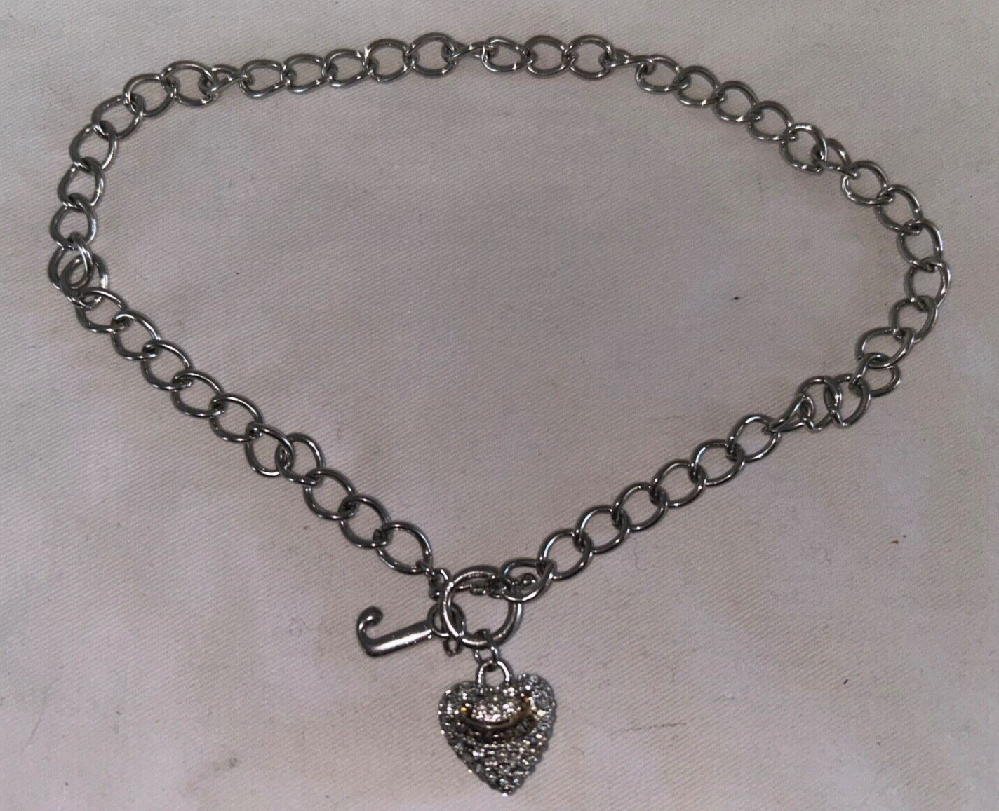 JUICY COUTURE Y2K Puffy Rhinestone Heart Charm Toggle Silver Chain Necklace