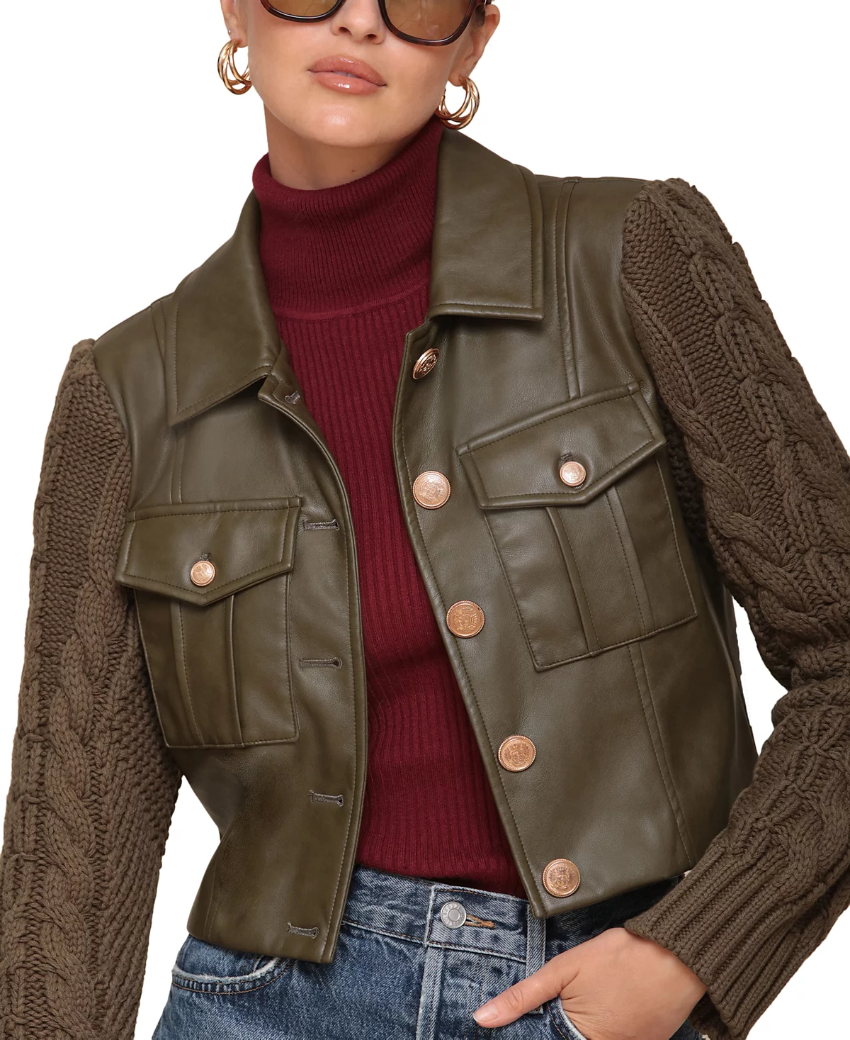 NEW! NWT 7 FOR ALL MANKIND Mixed Media Faux-Leather/Knit Jacket in Olive Size S