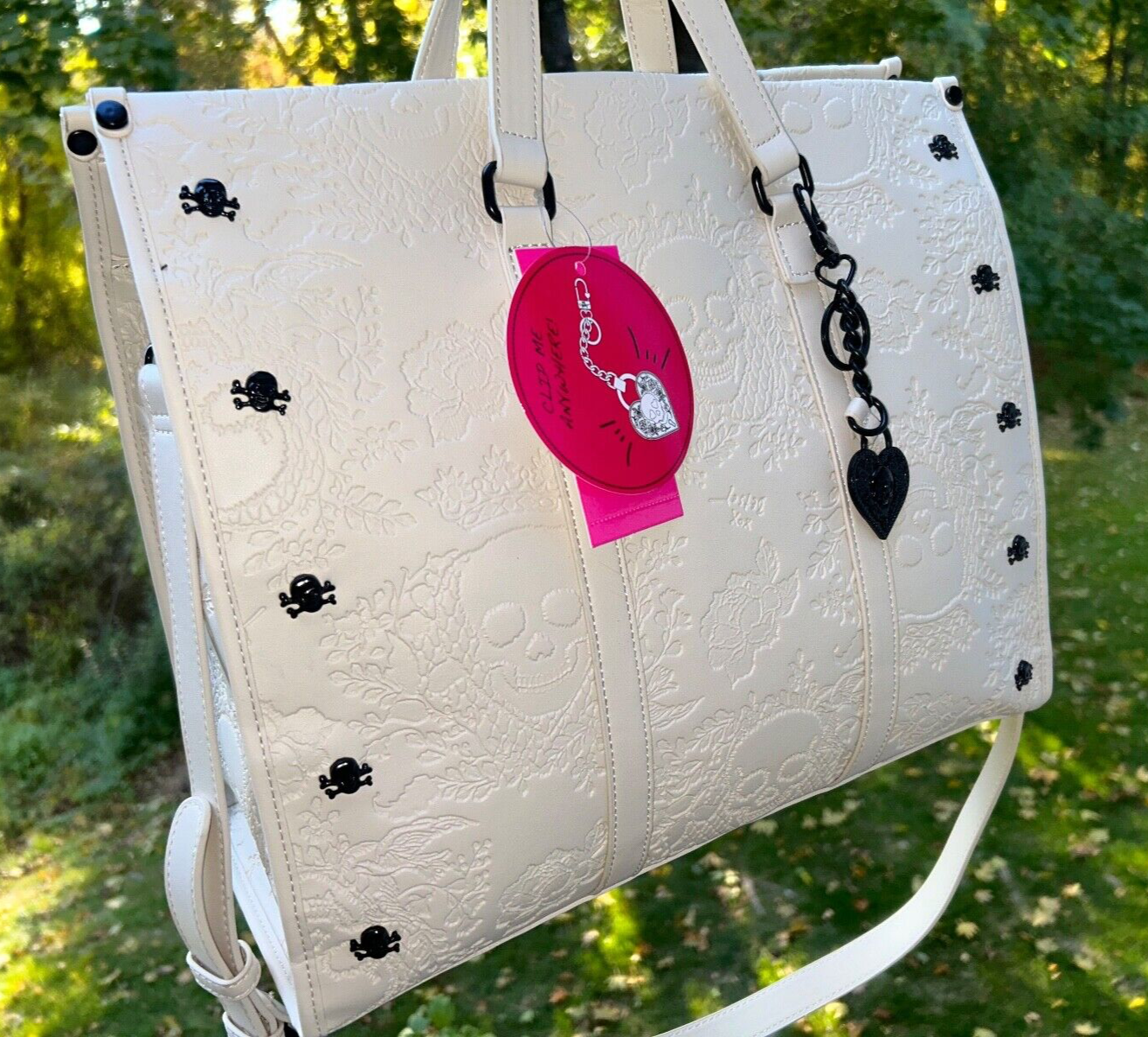 NEW! NWT BETSEY JOHNSON Large Skull Embossed XOMattie Tote Bag Chalk White