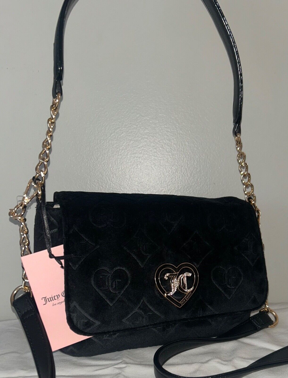 NEW! NWT JUICY COUTURE Glizted Out Velour Logo Crossbody Bag Black Liquorice