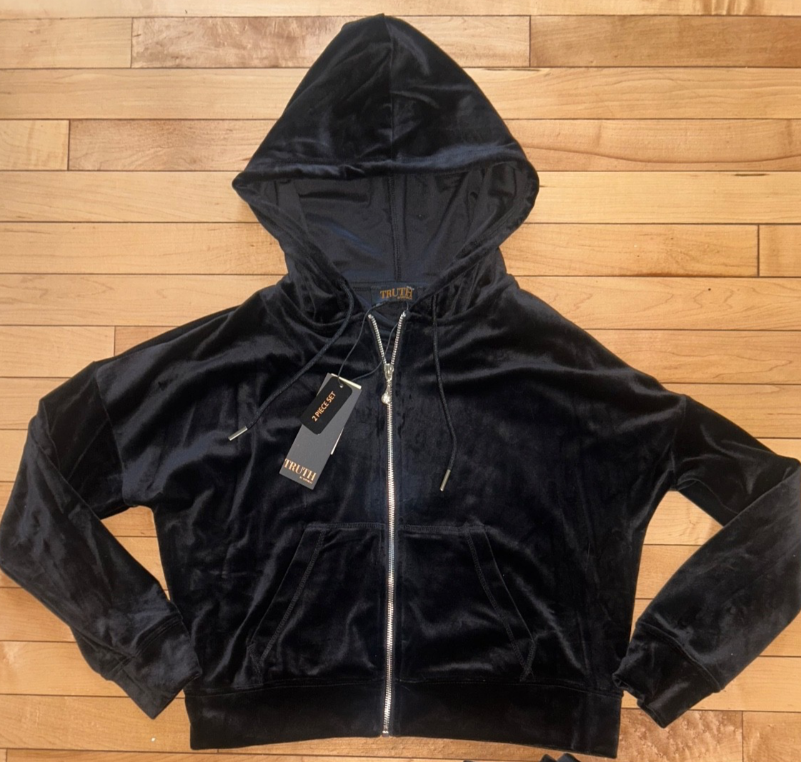 NEW! NWT TRUTH BY REPUBLIC Velour Rhinestone Skull Zip-Up Hoodie Black Size S