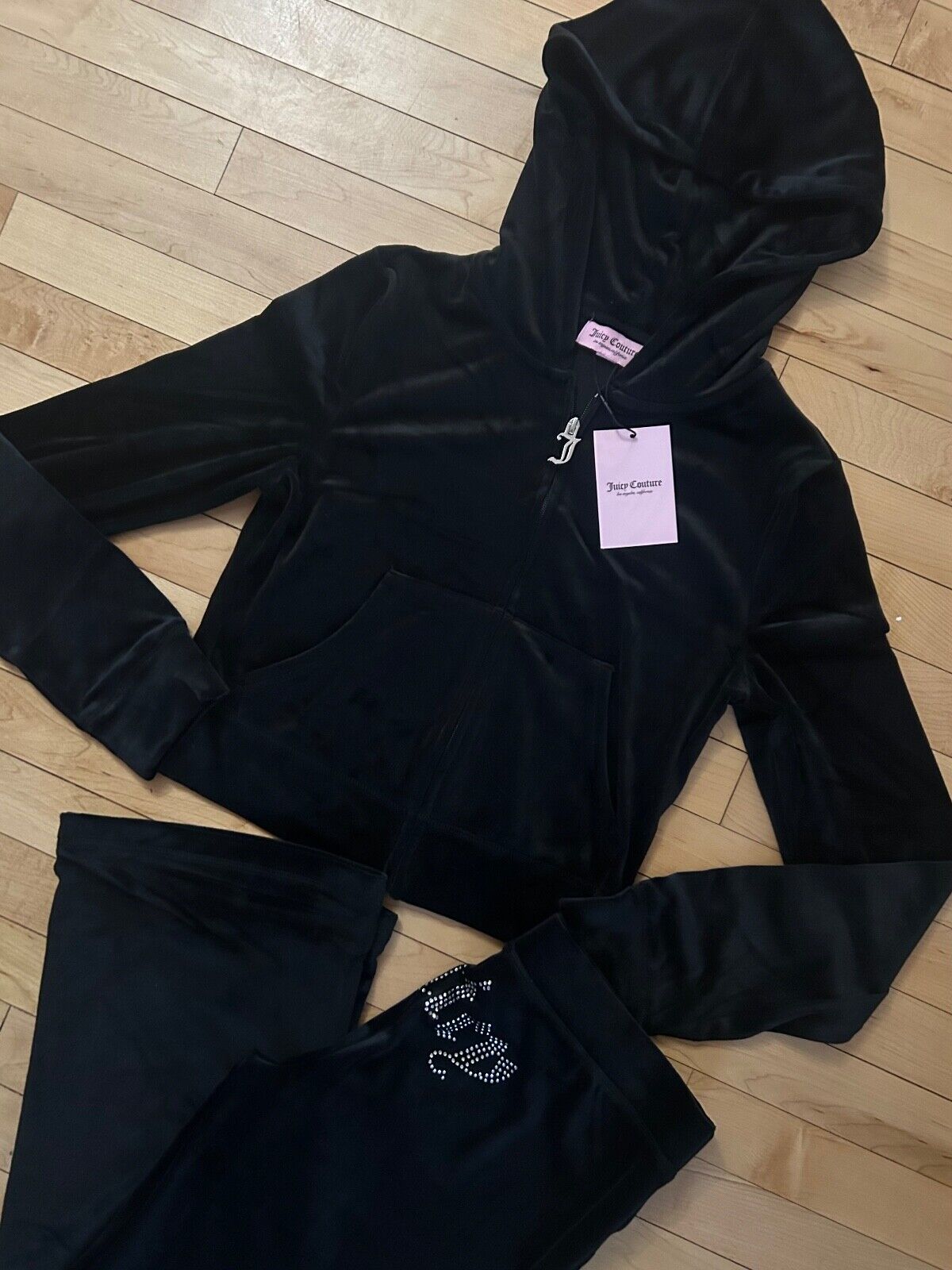 $199 NEW! NWT JUICY COUTURE Velour OG Bling Tracksuit Hoodie & Pant Set Black XS