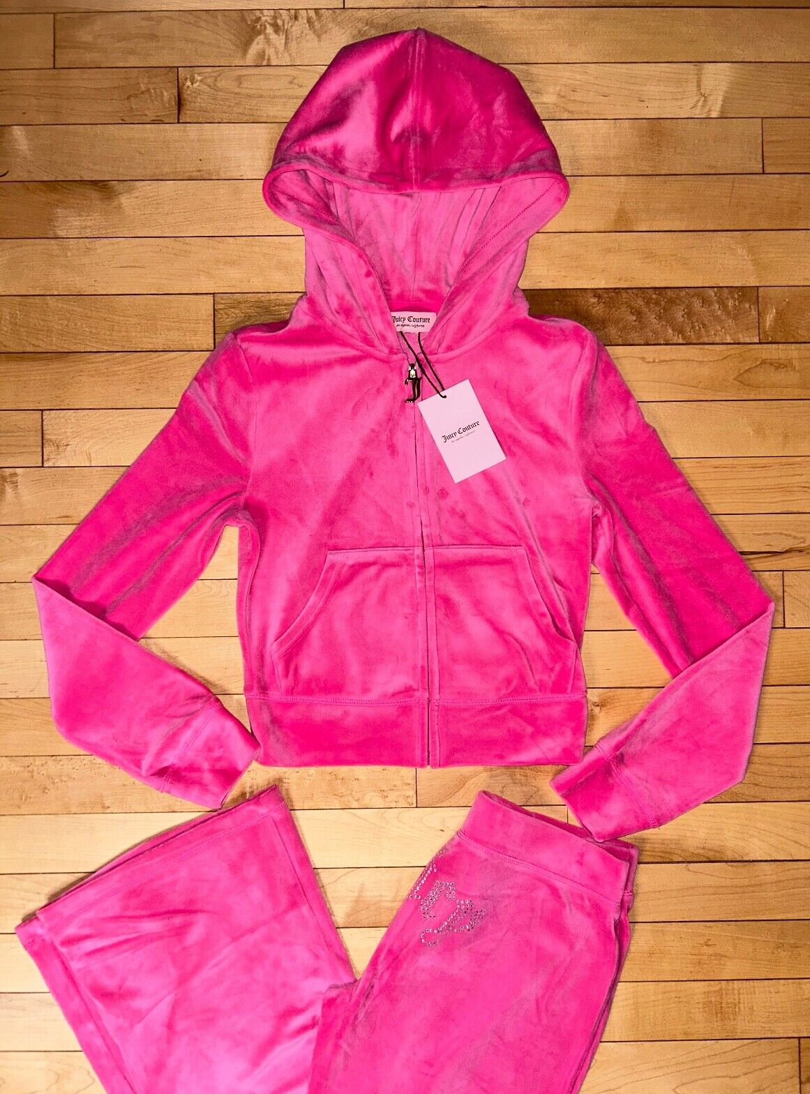 NEW! JUICY COUTURE Velour OG Bling Tracksuit Hoodie & Pant Set Bubblegum Pink XS