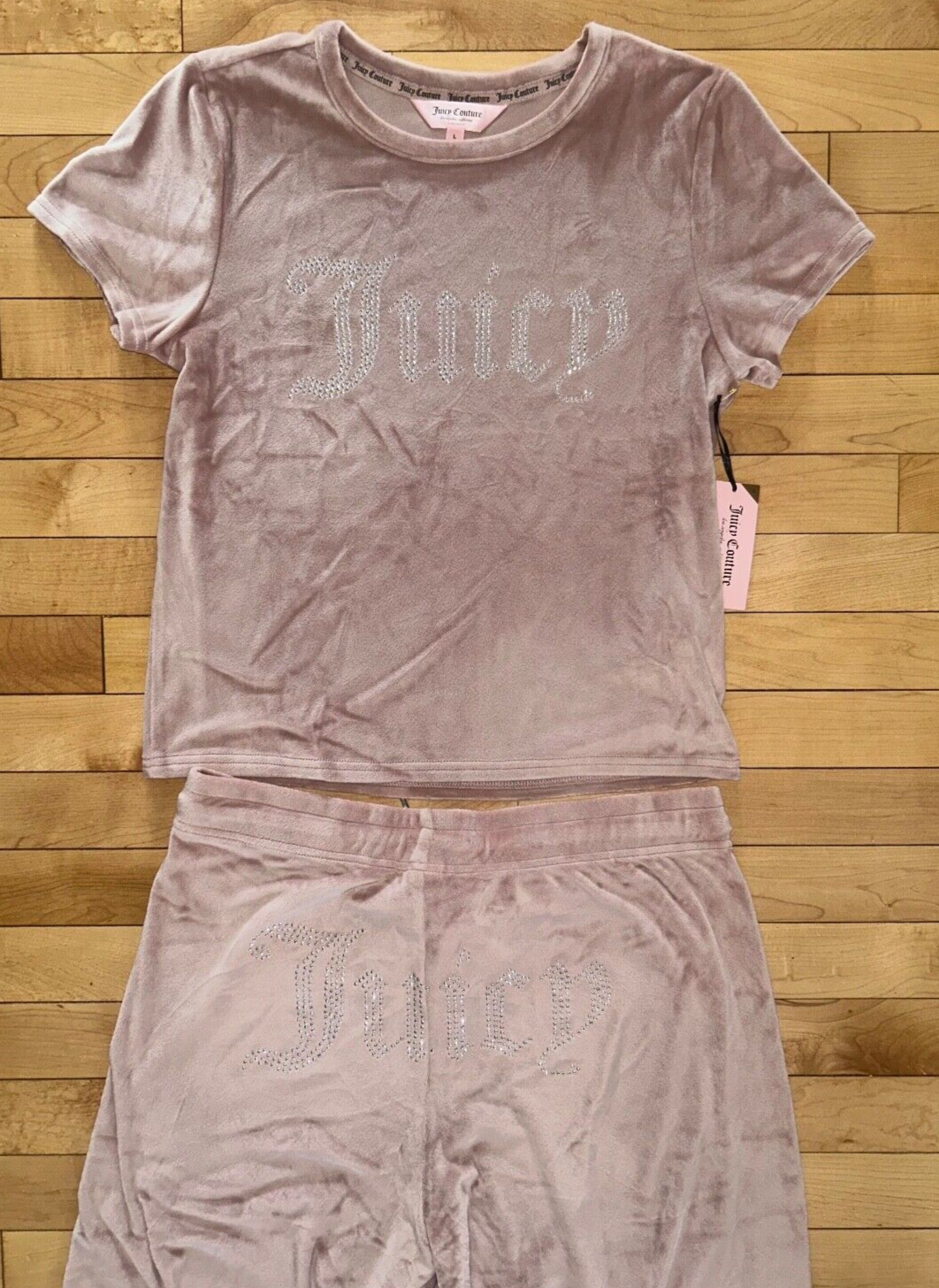 NEW! NWT JUICY COUTURE Velour Bling Logo Lounge Set in Coco Kiss Size L